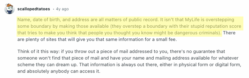 Reddit comment about MyLife