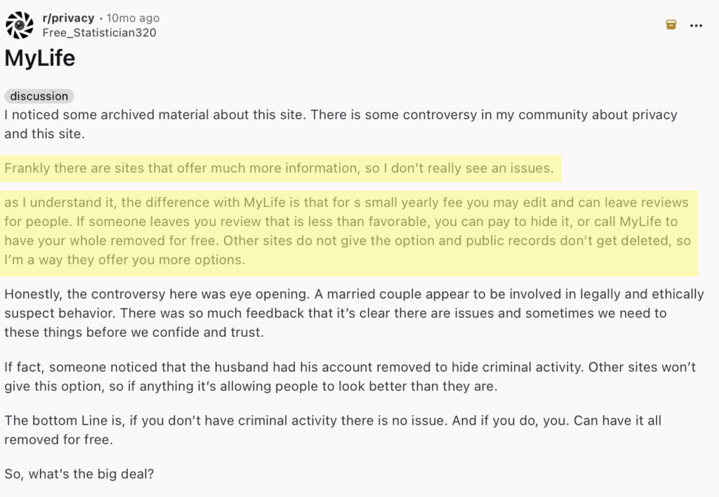 Reddit post about MyLife