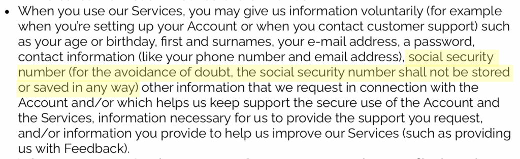 Solitaire Smash information about Social Security Number collection and storage