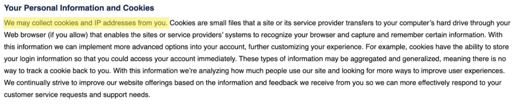 Wheelzy privacy policy 'Your Personal Information and Cookies' section 