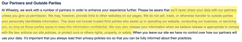 Wheelzy privacy policy 'Our Partners and Outside Parties' 