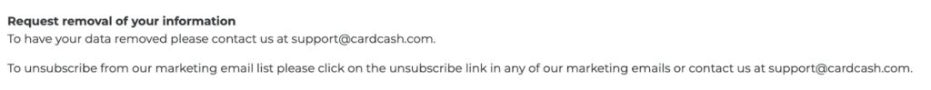 CardCash privacy policy 'Request removal of your information' section 