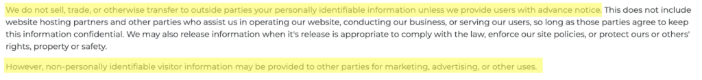 CardCash privacy policy section on whether it sells, traders, or transfers your data to outside parties 