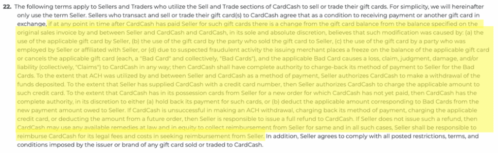 CardCash Conditions of Use section on what happens if a card you sell to CardCash loses value of gets frozen due to suspected fraud