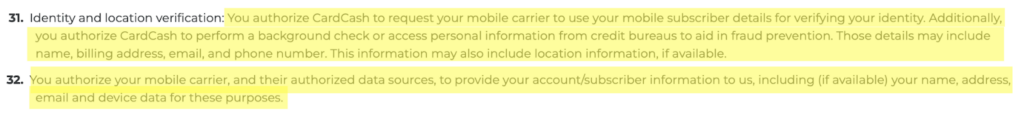 CardCash Conditions of Use section of identity and location verification 