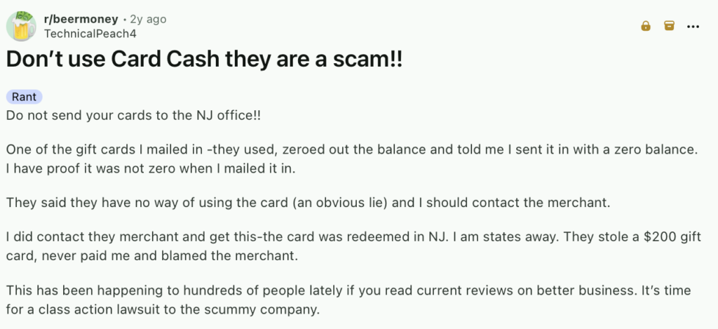 Negative Reddit post about CardCash