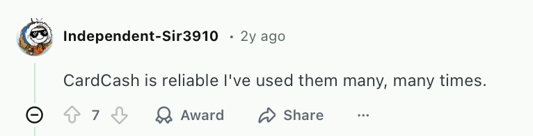 Positive Reddit comment about CardCash