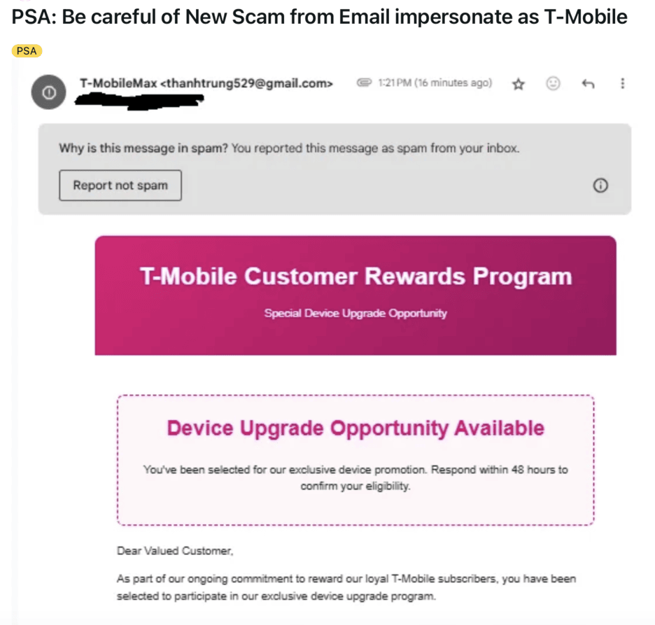 T-Mobile scam email