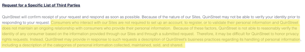AmONE privacy policy 'Request for a Specific List of Third Parties' section 