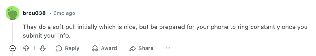 Reddit comment about AmONE mentioning a soft credit pull and constant spam