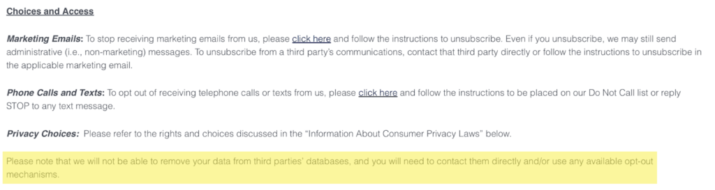 AmONE privacy policy section explaining removal from third parties' databases 