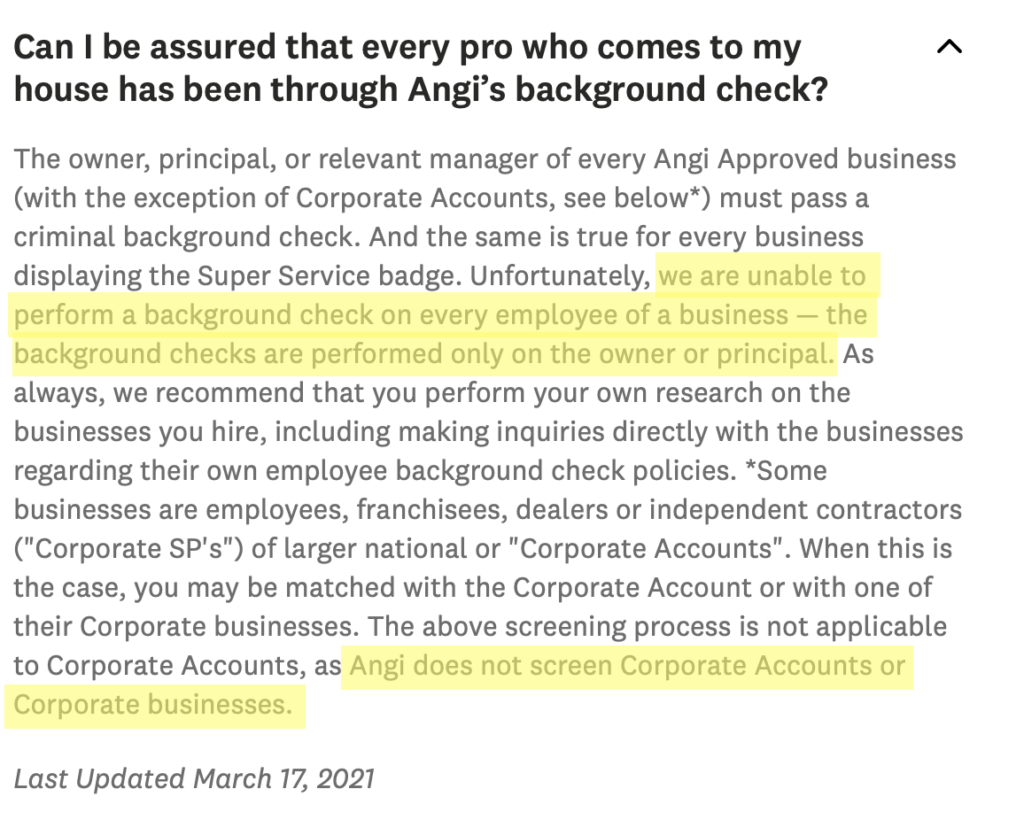 Information about how Angi perform background checks on service pros 