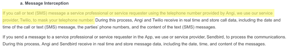 Angi privacy policy 'Message interception' section 