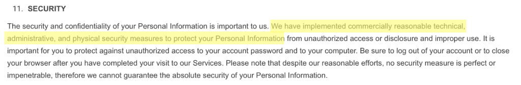 Angi privacy policy 'Security' section 