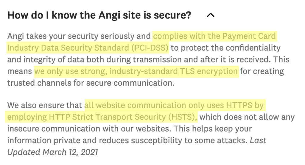 Angi FAQ: "How do I know the Angi site is secure?" 