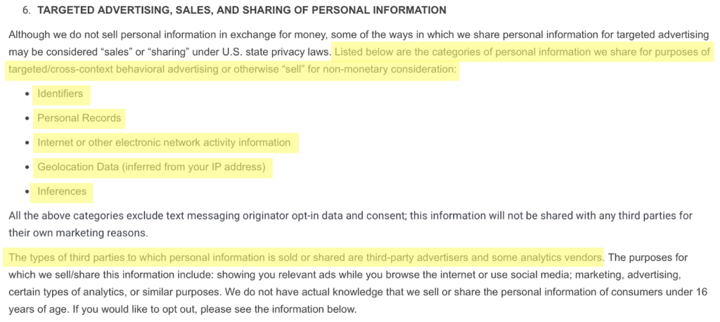 Angi privacy policy 'Targeted advertising, sales, and sharing of personal information' section 