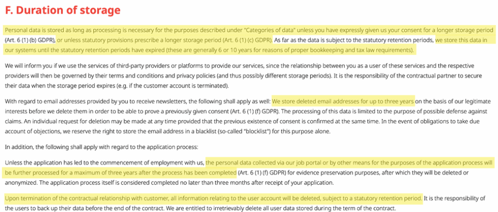 AnyDesk privacy policy 'F. Duration of storage' section