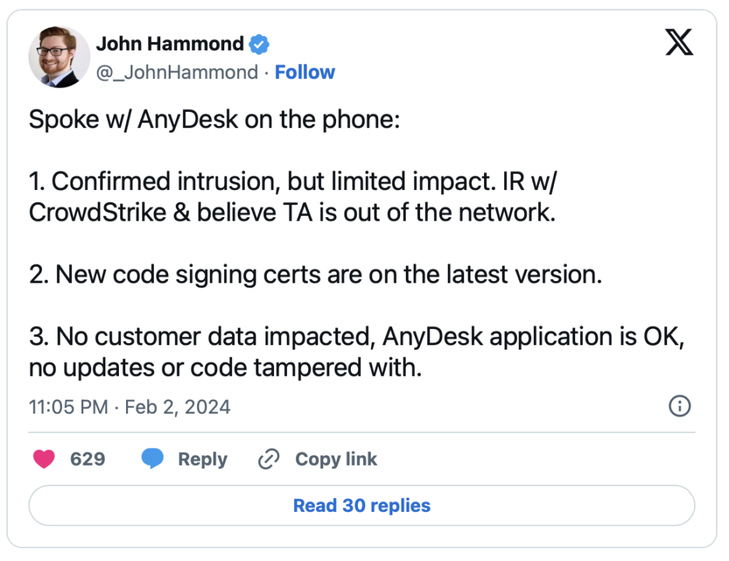 John Hammond tweet about AnyDesk security incident