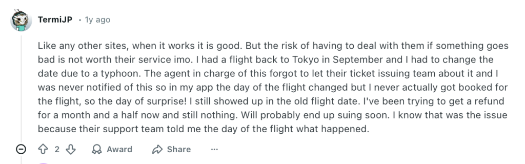 Negative Reddit comment about Expedia
