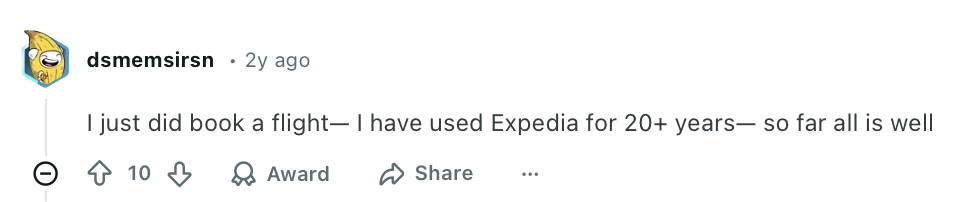 Positive Reddit comment about Expedia