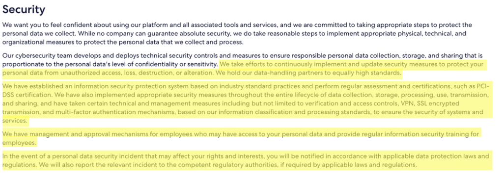 Expedia privacy policy 'Security' section