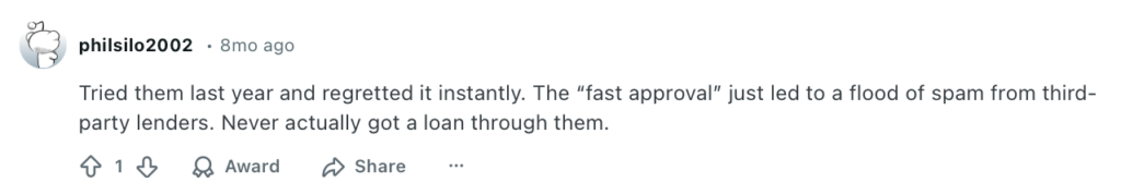 Reddit comment about someone's experience applying for a loan through Fast Loan Advance