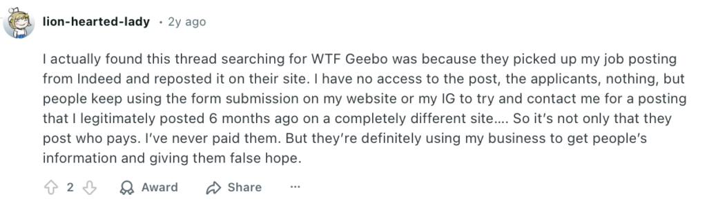 Negative Reddit post about Geebo