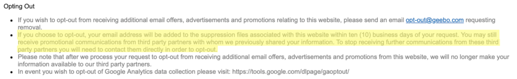 Geebo privacy policy 'Opting Out' section