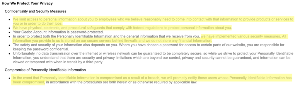 Geebo privacy policy 'How We Protect Your Privacy' section 