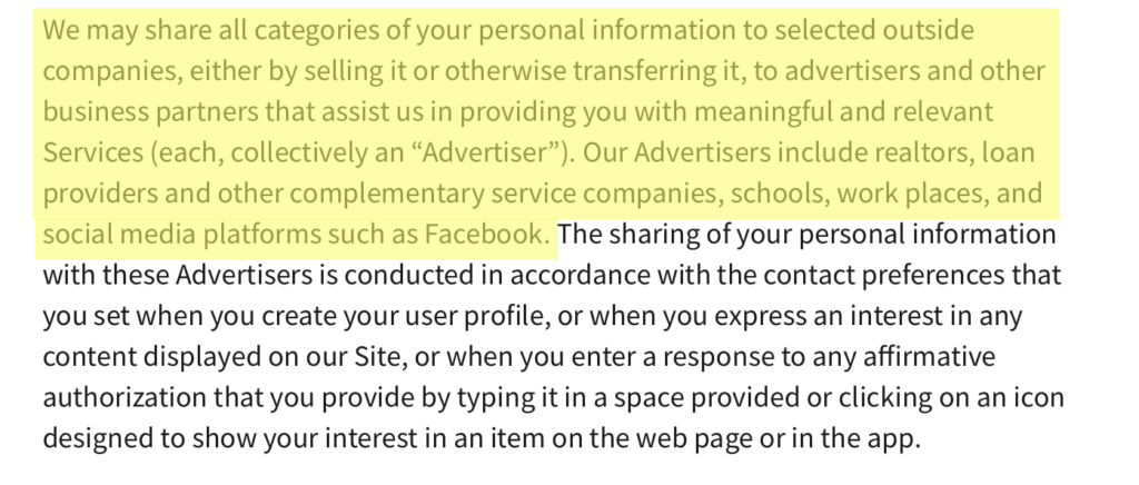 Niche privacy policy section on data sharing 