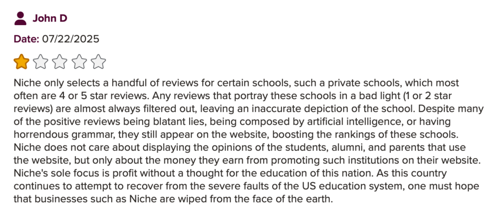 Niche negative review alleging review removals