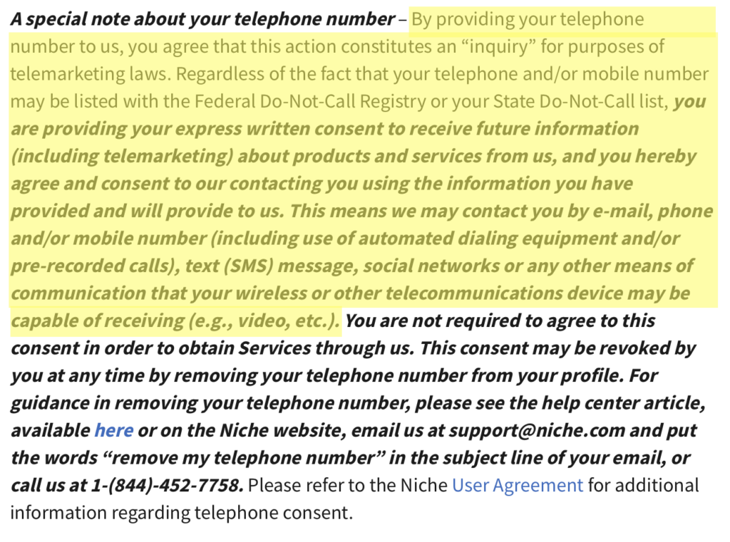 Niche privacy policy section on what providing your phone number to the platform means 