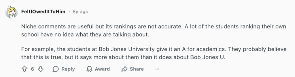 Reddit comment about Niche