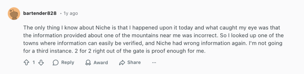Reddit comment about Niche places to live 