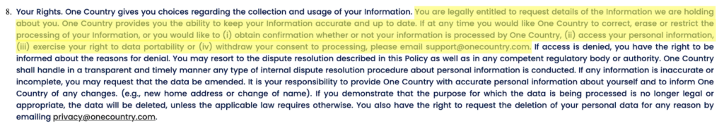 One Country privacy policy 'Your Rights' section 