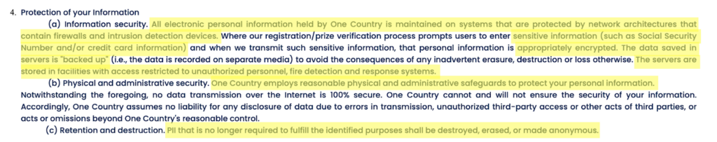 One Country privacy policy 'Protection of your information' section 