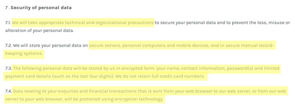 People Looker privacy policy 'Security of personal data' section