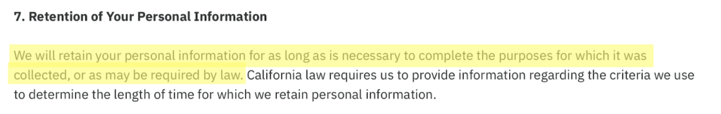 Pettable privacy policy 'Retention of Your Personal Information' section