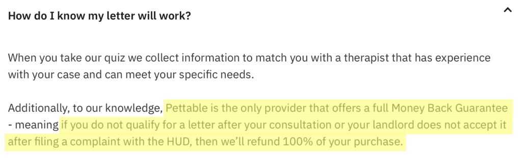 Pettable Money Back Guarantee if ESA letter is not accepted