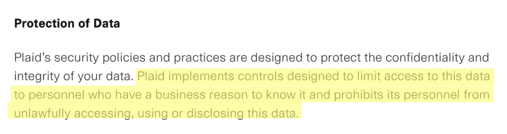 Plaid privacy policy 'Protection of Data' section 
