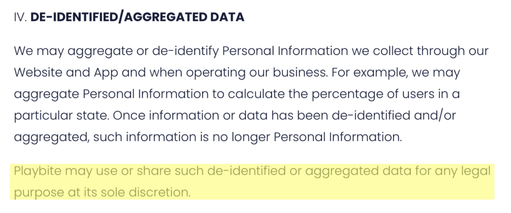 Playbite privacy policy 'De-identified/Aggregated Data' section 