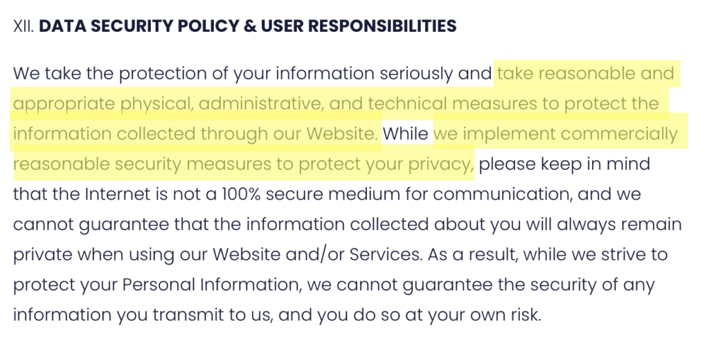 Playbite privacy policy 'Data security policy & user responsibilities' section 