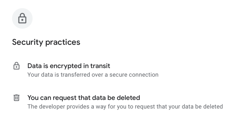 Playbite 'Security practices' section in its Google Play page