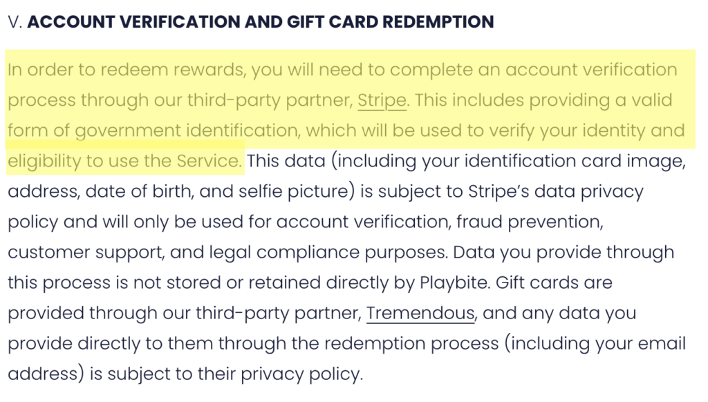 Playbite privacy policy 'Account verification and gift card redemption' section 