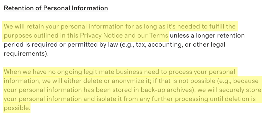 Quince privacy policy 'Retention of Personal Information' section 