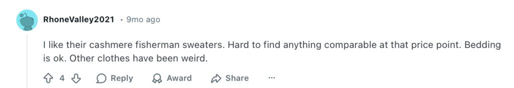 Reddit comment regarding Quince 