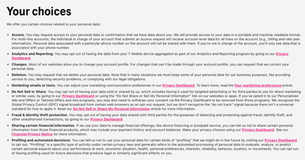 T-Mobile privacy policy 'Your choices' section 