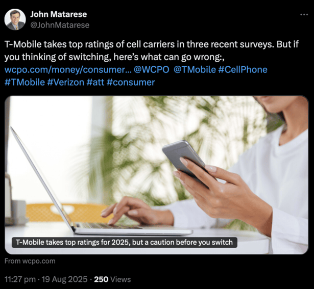 "T-Mobile takes top ratings of cell carriers in three recent surveys" Twitter post
