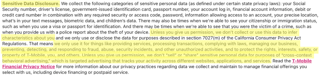 T-Mobile privacy policy 'Sensitive Data Disclosure' section 