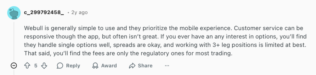 Reddit comment about WeBull